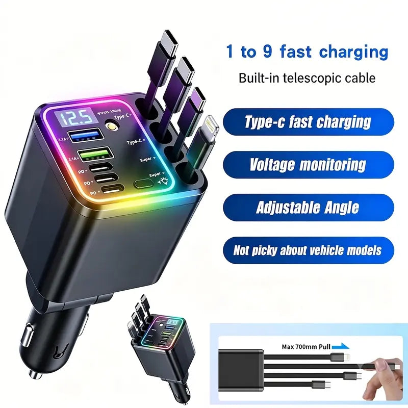 120W Compact Retractable Car Charger - 9-in-1 Fast Charging Station with Star Projector and RGB Light