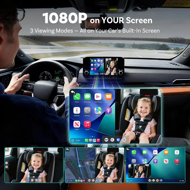 Baby Car Camera & Wireless Smartphone Integration Adapter, 1080P HD Rear Seat Monitor for In-Car Screen