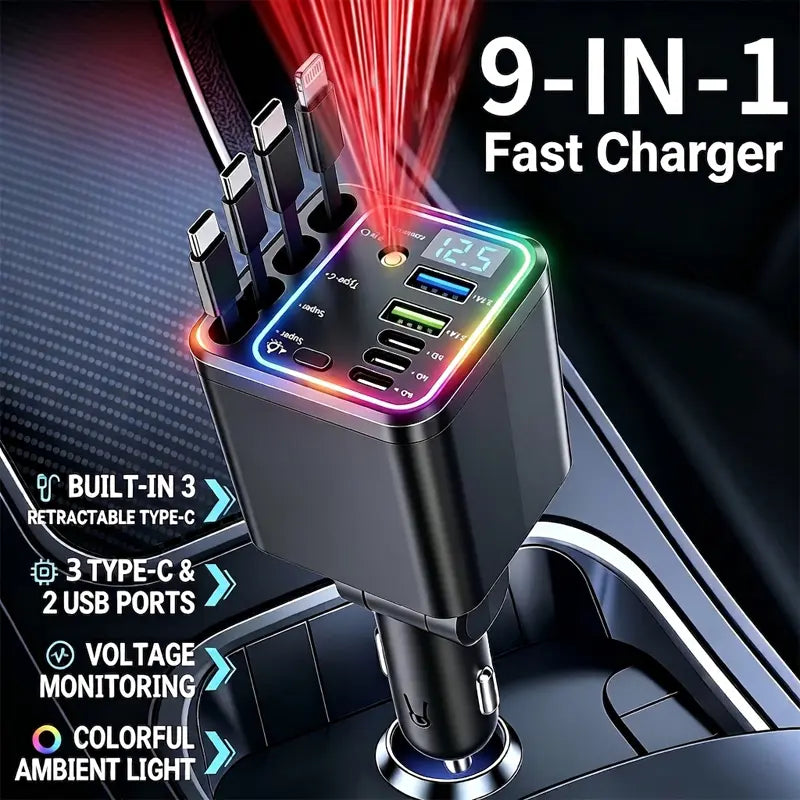 120W Compact Retractable Car Charger - 9-in-1 Fast Charging Station with Star Projector and RGB Light