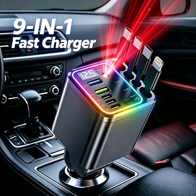 120W Compact Retractable Car Charger - 9-in-1 Fast Charging Station with Star Projector and RGB Light