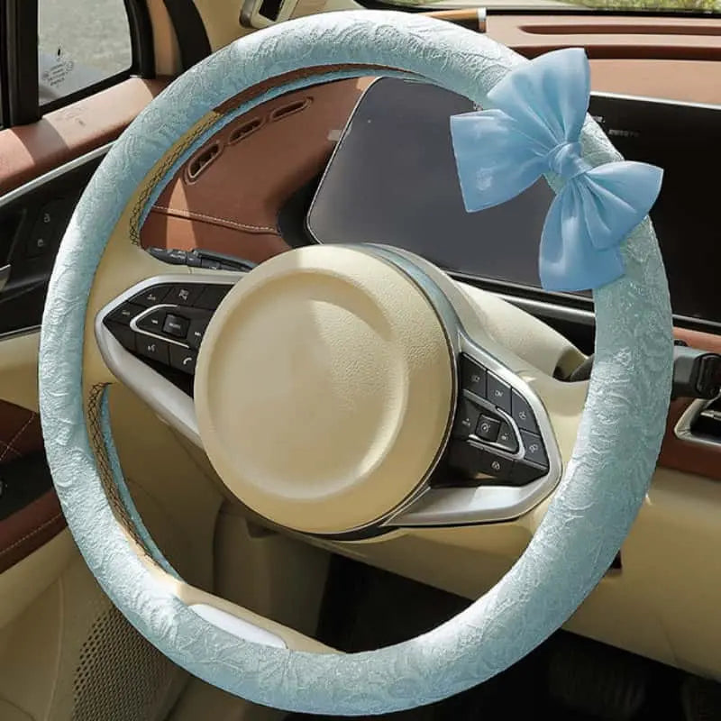 Lace Steering Wheel Cover 15 Inch Elegant Black with Large Bow-knot Design