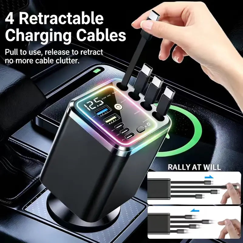 120W Compact Retractable Car Charger - 9-in-1 Fast Charging Station with Star Projector and RGB Light