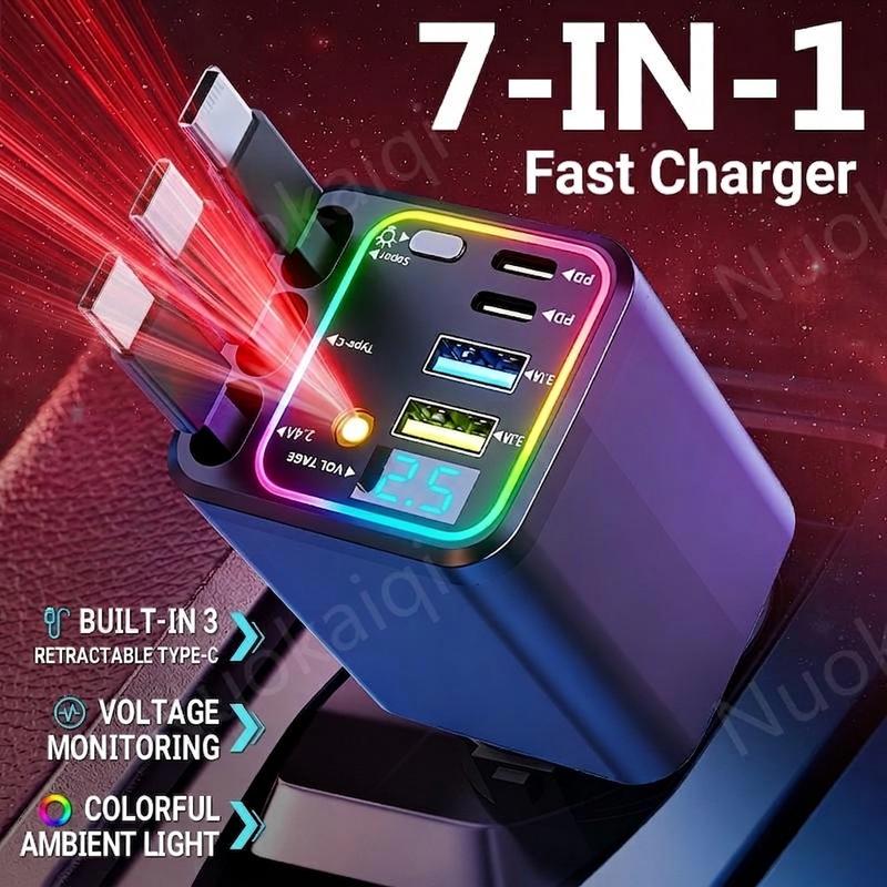 120W Compact Retractable Car Charger - 9-in-1 Fast Charging Station with Star Projector and RGB Light