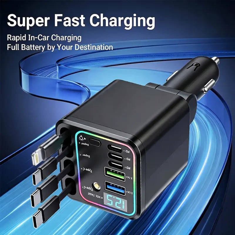 120W Compact Retractable Car Charger - 9-in-1 Fast Charging Station with Star Projector and RGB Light