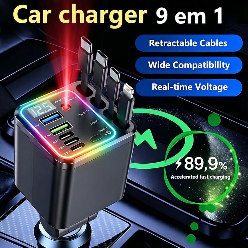 120W Compact Retractable Car Charger - 9-in-1 Fast Charging Station with Star Projector and RGB Light