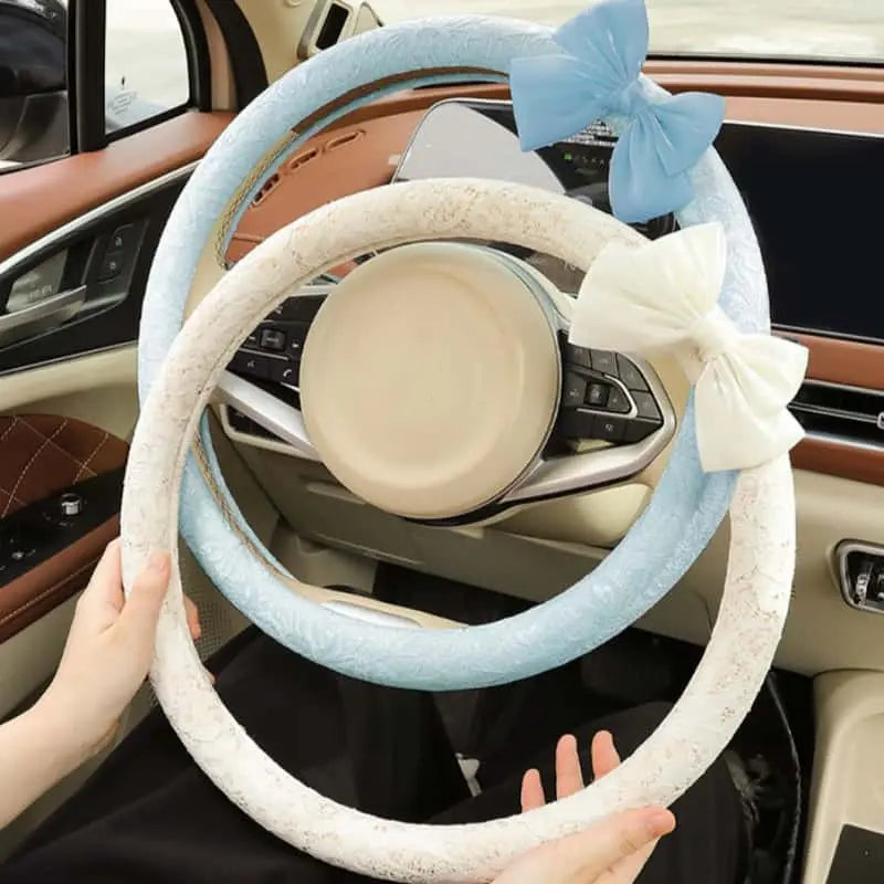 Lace Steering Wheel Cover 15 Inch Elegant Black with Large Bow-knot Design