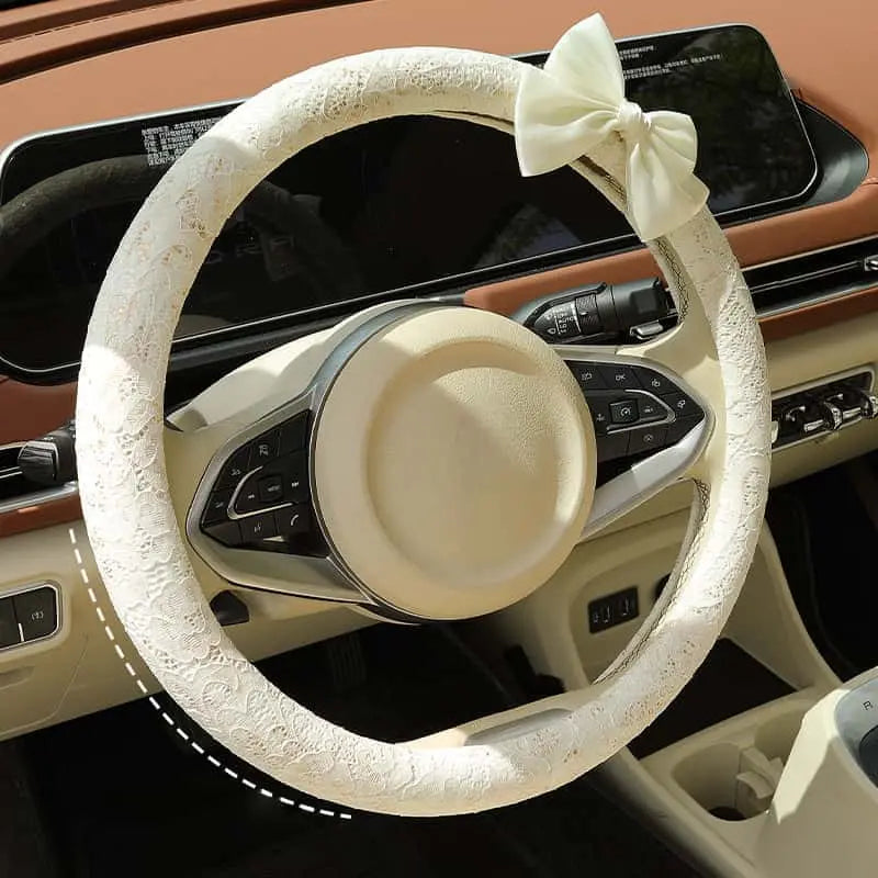 Lace Steering Wheel Cover 15 Inch Elegant Black with Large Bow-knot Design