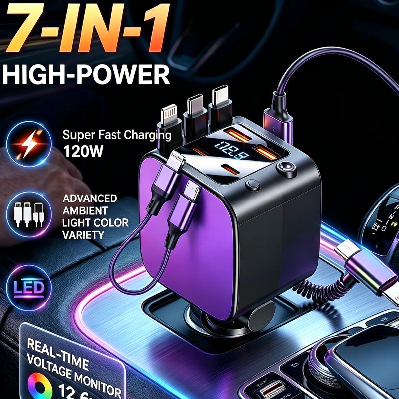 120W Compact Retractable Car Charger - 9-in-1 Fast Charging Station with Star Projector and RGB Light