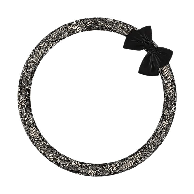 Lace Steering Wheel Cover 15 Inch Elegant Black with Large Bow-knot Design