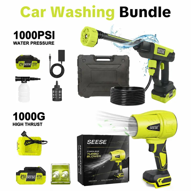 21V Cordless Car Washing Bundle: 1000 PSI Pressure Washer & 1000G Turbo Leaf Blower Combo Kit