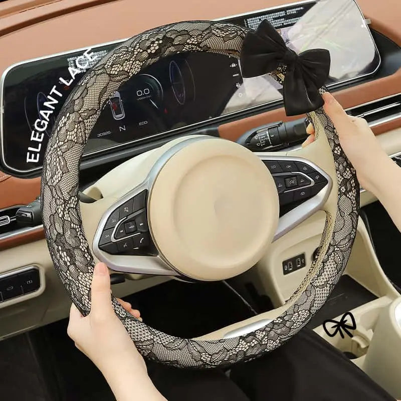 Lace Steering Wheel Cover 15 Inch Elegant Black with Large Bow-knot Design