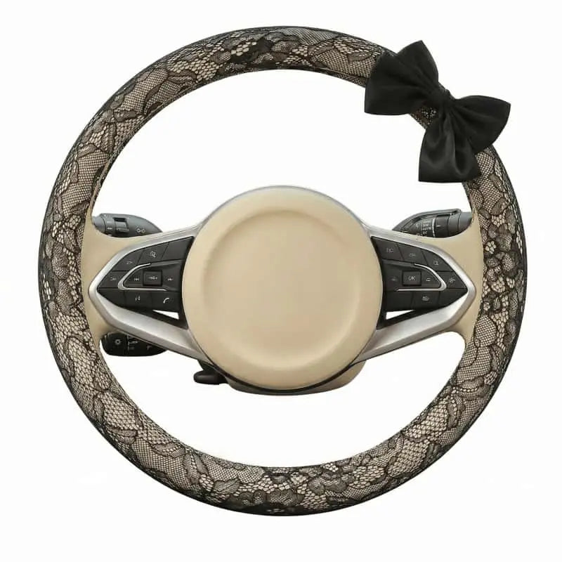 Lace Steering Wheel Cover 15 Inch Elegant Black with Large Bow-knot Design