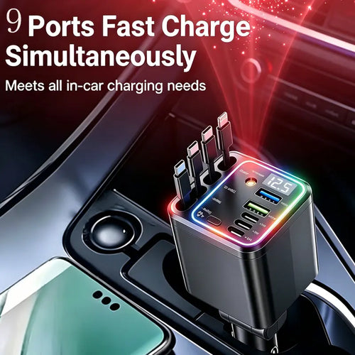120W Compact Retractable Car Charger - 9-in-1 Fast Charging Station with Star Projector and RGB Light