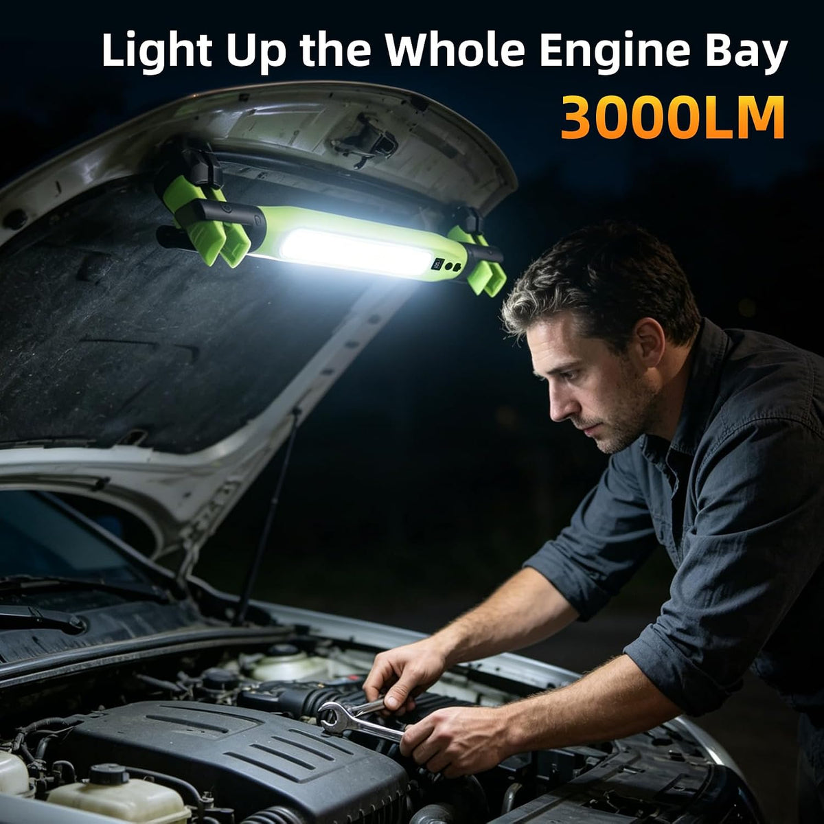 Under Hood Work Light, 3000LM IP66 Magnetic COB Cordless LED Light Bar for Auto Repair