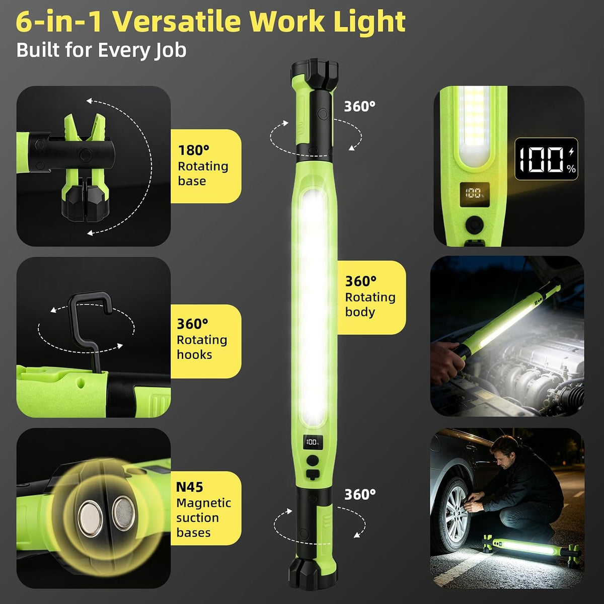 Under Hood Work Light, 3000LM IP66 Magnetic COB Cordless LED Light Bar for Auto Repair
